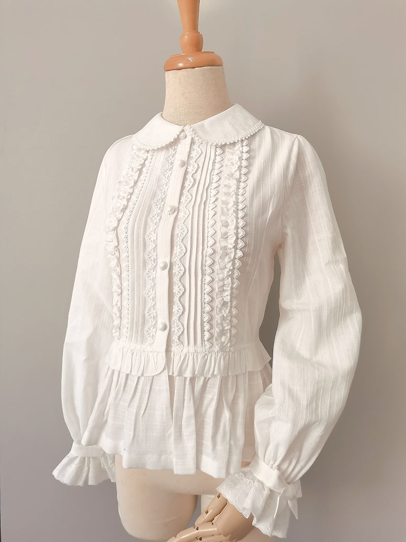 Loose outlet Blouse with Peter Pan Collar and Roomy Pockets - Long Sleeves Blouse with Covered Buttons and White Lace Hem