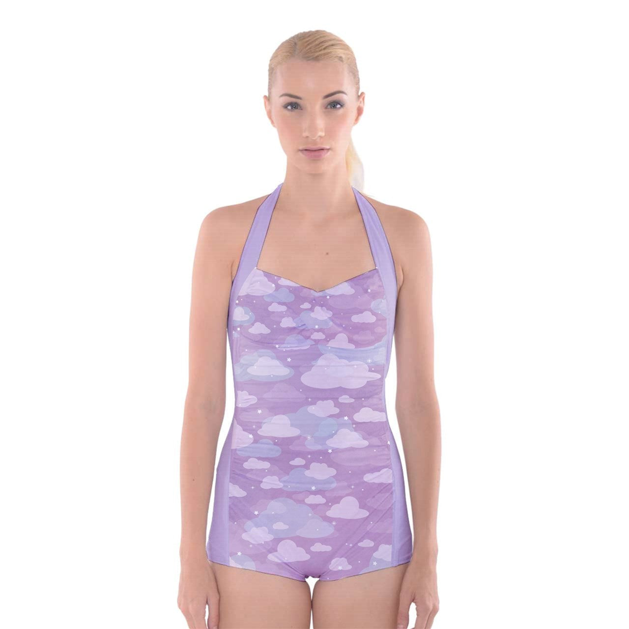 Starcrossed Skies Purple One Piece Ruched Halter Swimsuit