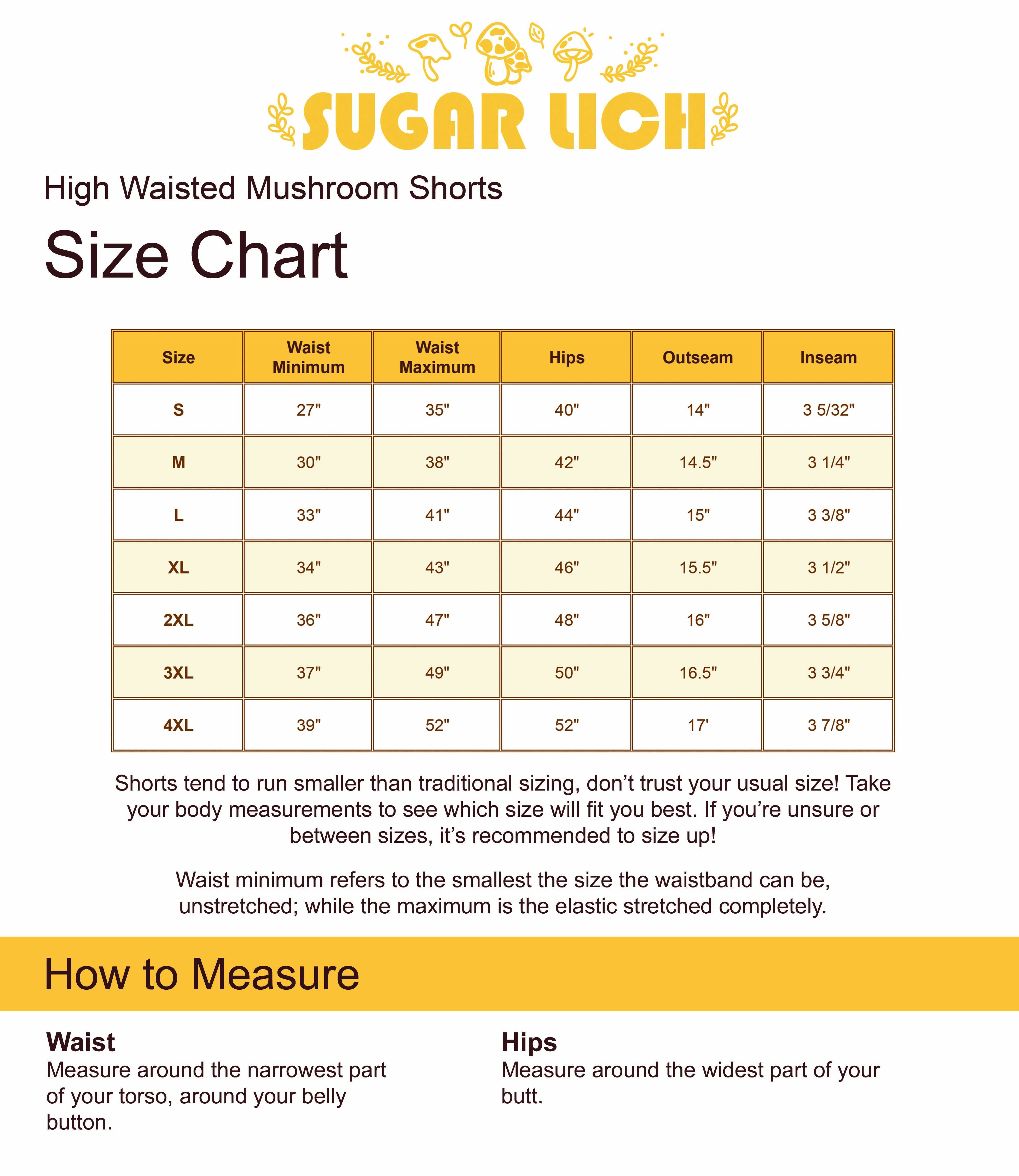 Shorts size chart info graphic