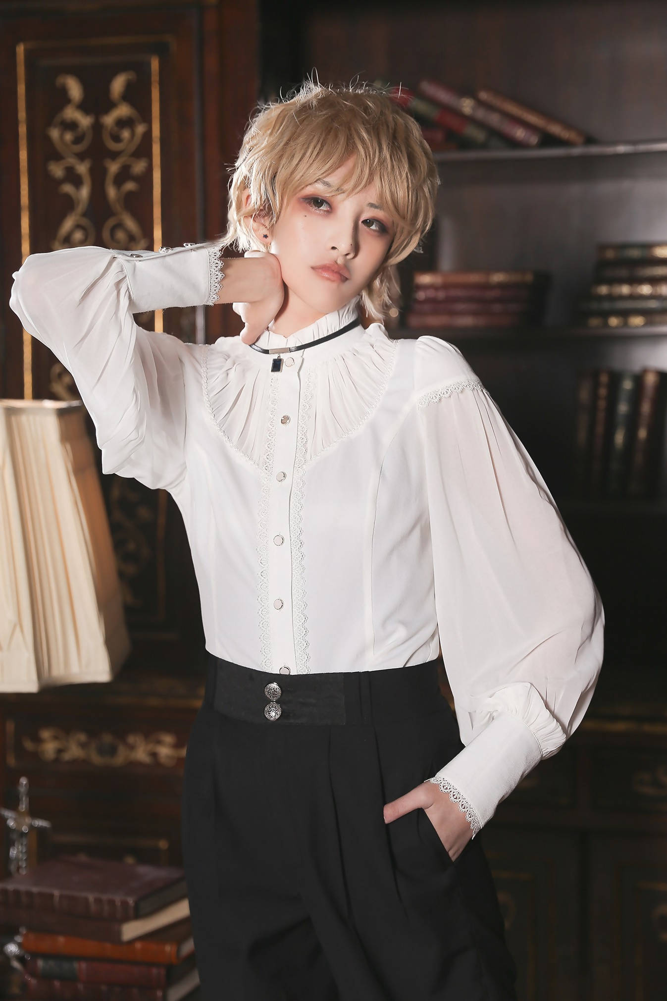 Morning Prayer - Bishop sleeves stand collar chiffon blouse - Offwhite - Lolita Collective