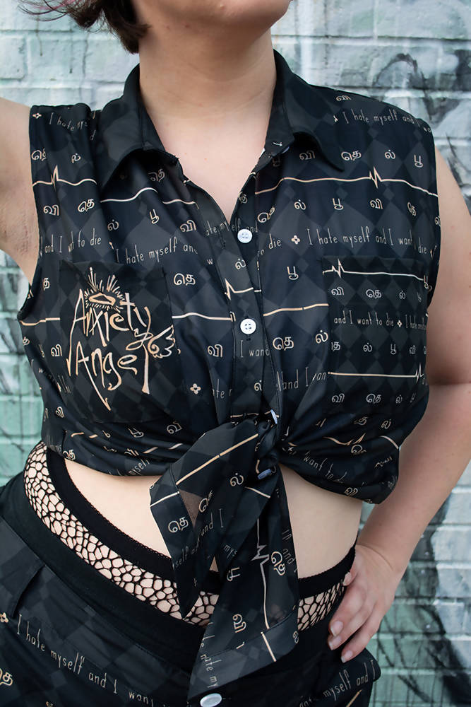 Anxiety Angel Sleeveless Chiffon Button Shirt in Gold - Lolita Collective