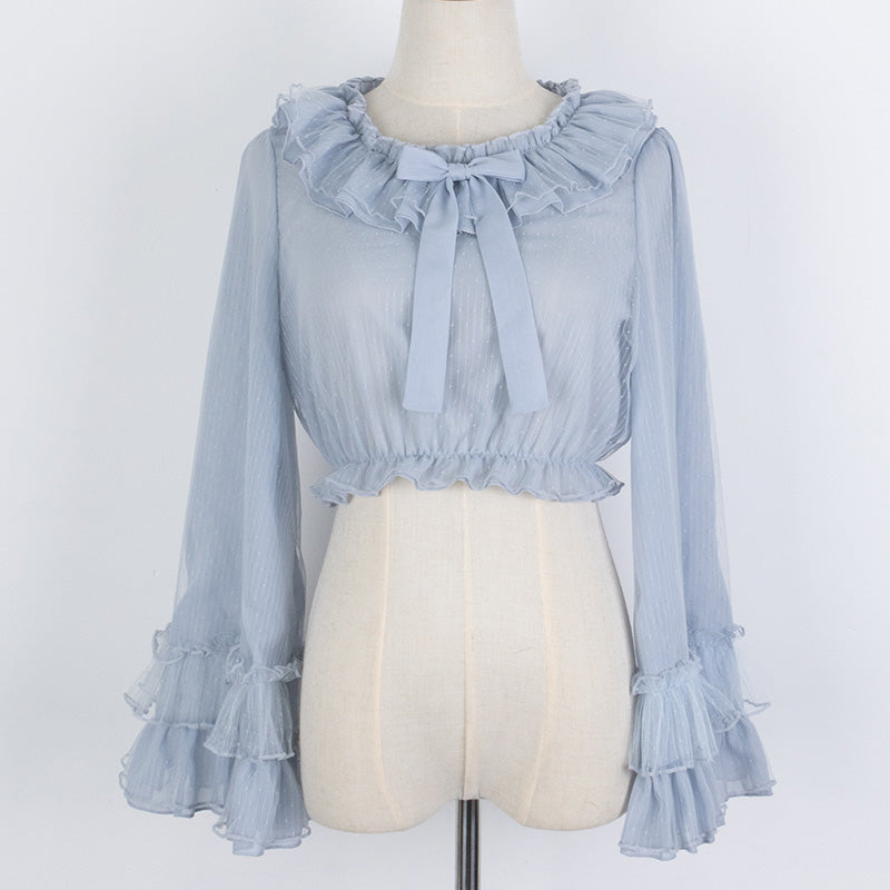 Ruffled Chiffon Blouse with Long Trumpet Sleeves