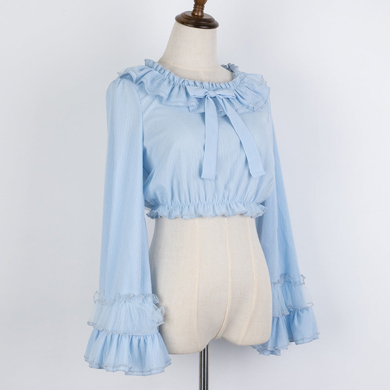 Ruffled Chiffon Blouse with Long Trumpet Sleeves