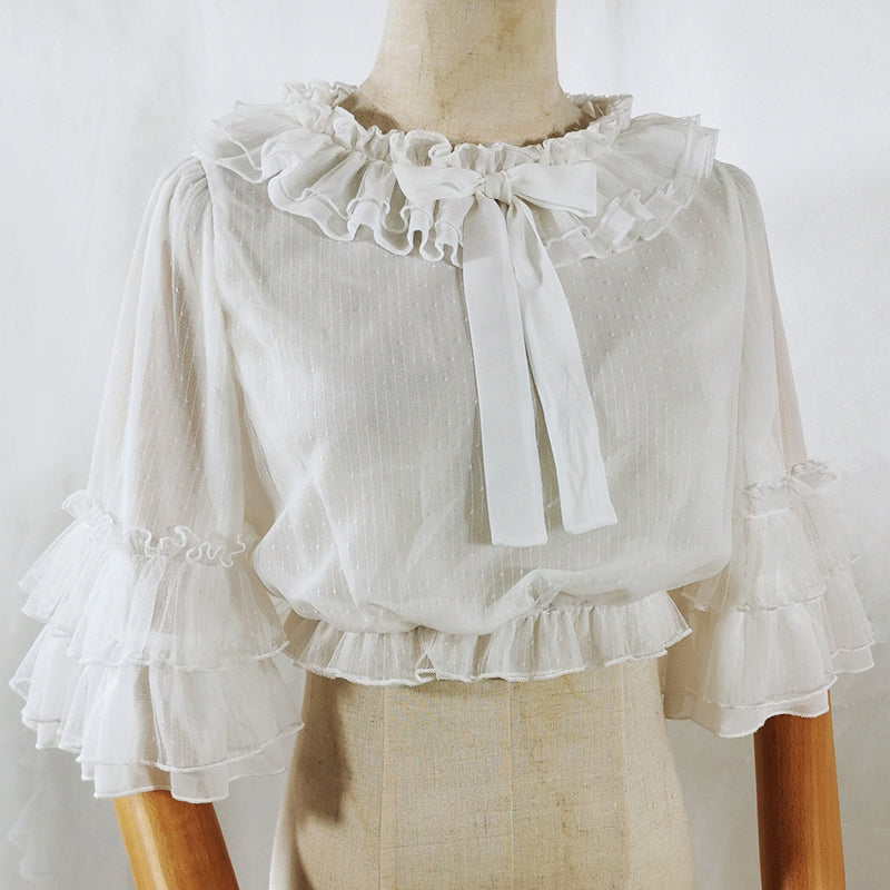 Ruffled Chiffon Blouse with Trumpet Sleeves