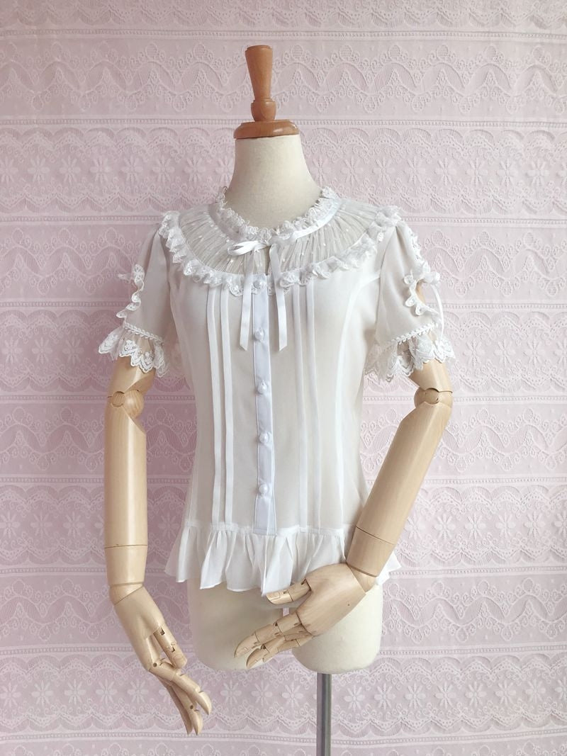 Ruffled Collar Short Sleeve With Heart Cut Outs Blouse