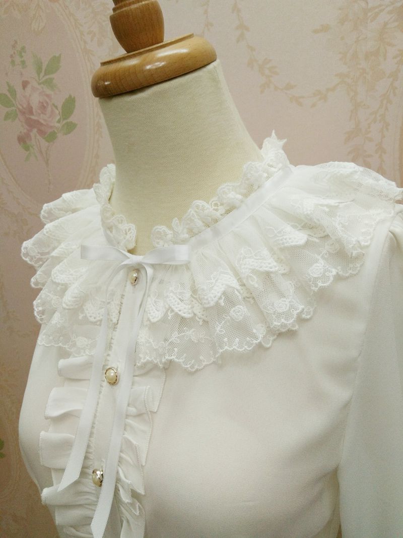 Ruffled Double Lace Collar With Bow Long Sleeve Blouse