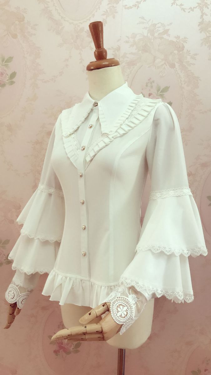 Pleated Collar Long Bell Sleeve Blouse