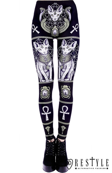 Black gothic leggings with Ram skull and pentagram SATANIC