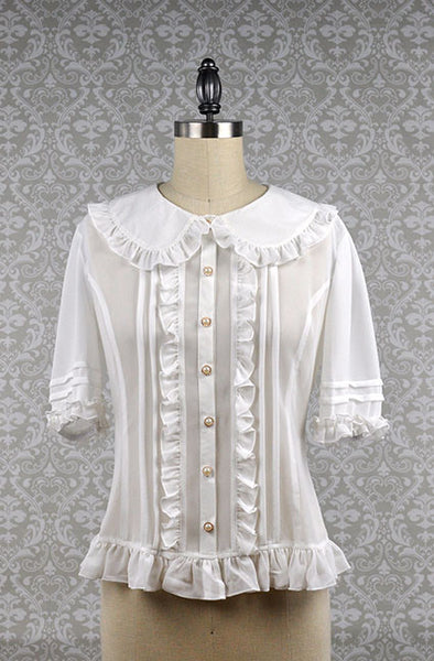 TanQiang Women's Sweet Lolita Shirt Short Puff Sleeve Flower Embroidered  Peter Pan Collar White Ruffle Blouse, White, Medium : : Clothing,  Shoes & Accessories